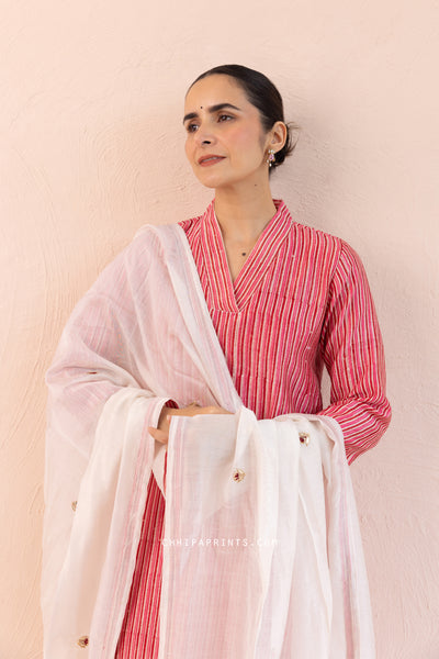 Chanderi Silk Block Print Mahin Stripes Kurta Set in Dark Red