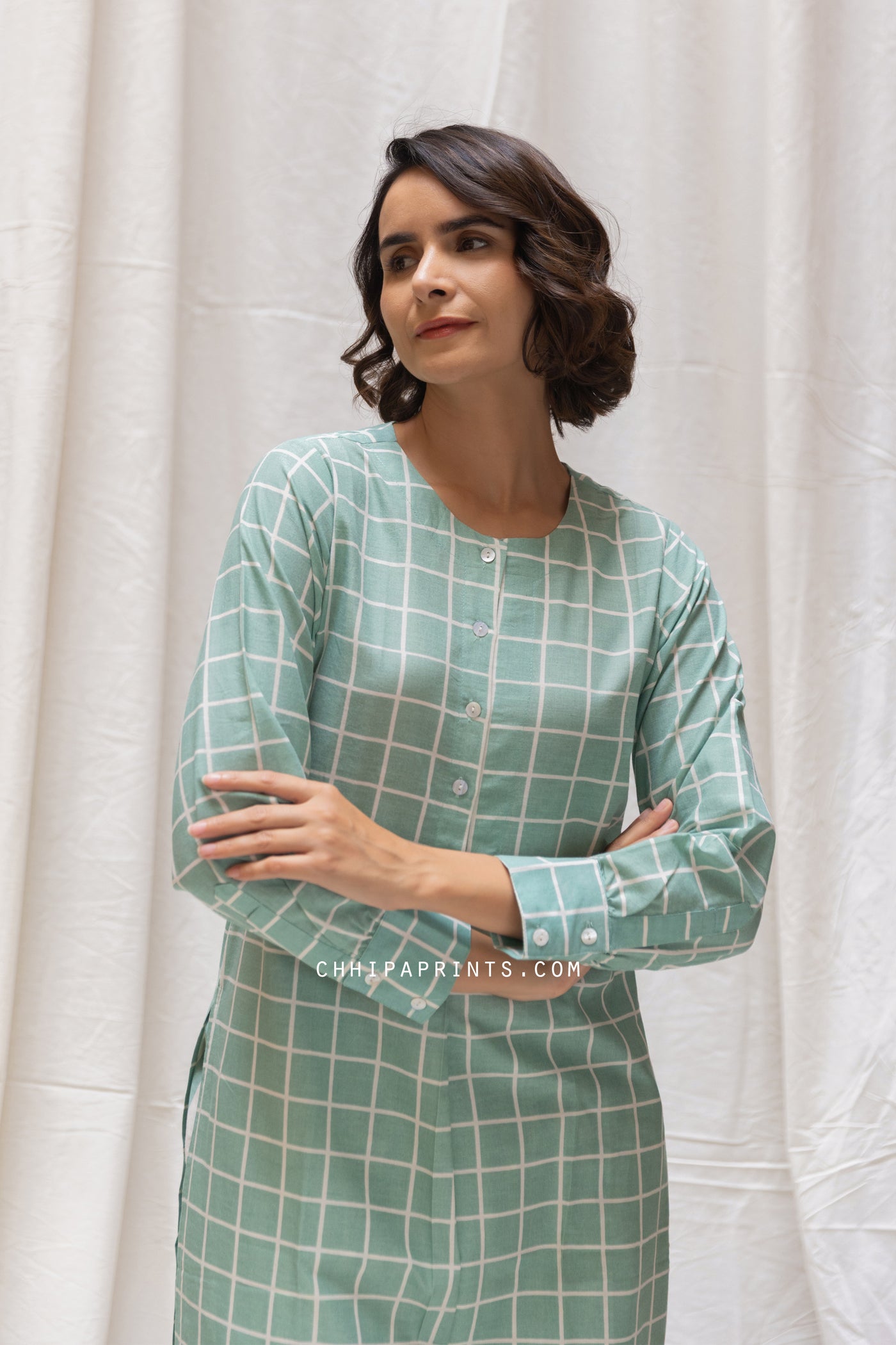 Cotton Checks Print Kurta & Stripe Pants Co Ord Set in Mint Green