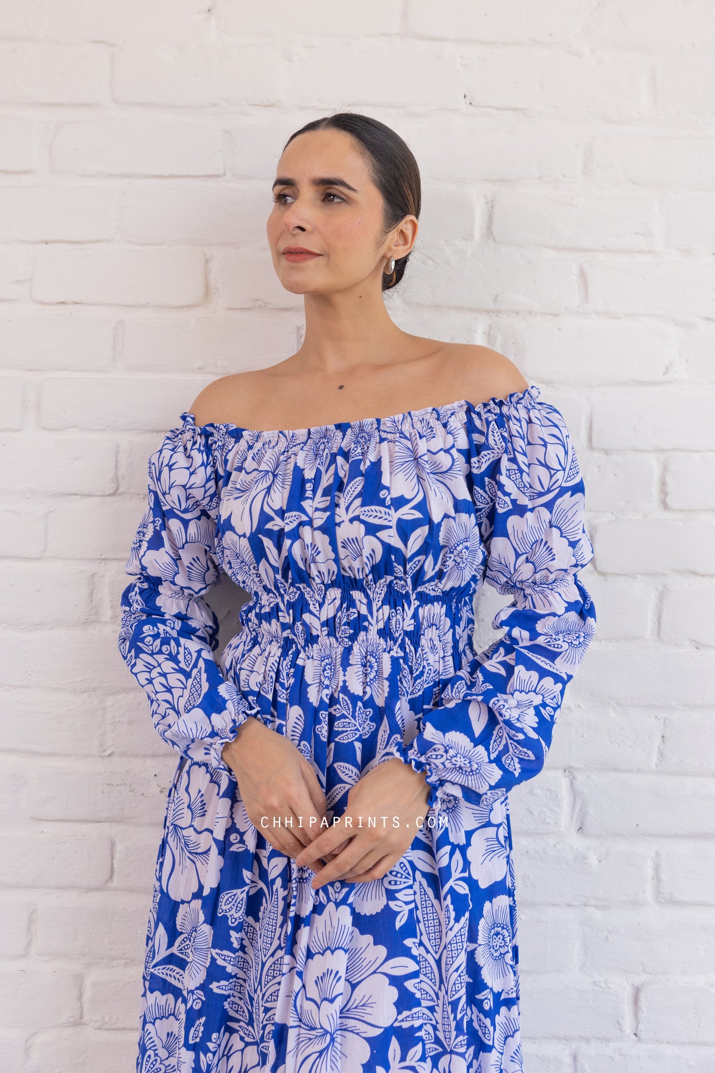 Cotton Mughal Jaal Print Flared Long Dress in Royal Blue
