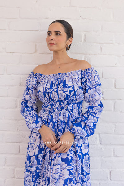 Cotton Mughal Jaal Print Flared Long Dress in Royal Blue
