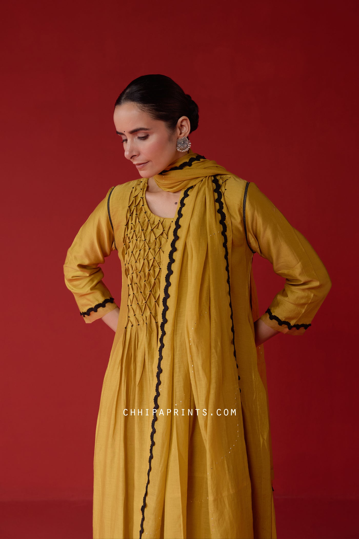 Chanderi Silk Smocking Yoke Kurta Set in Olive Oil