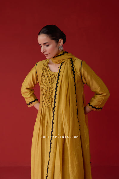 Chanderi Silk Smocking Yoke Kurta Set in Olive Oil