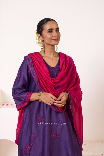 Chanderi Silk Hand Embroidery Kurta Set in Imperial Purple