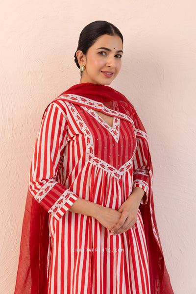 Cotton Stripes Print Front Gather Kurta Set in Racing Red