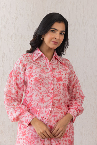 Organza Block Print Gud Jaal Shirt and Pants Co Ord Set in Baby Pink