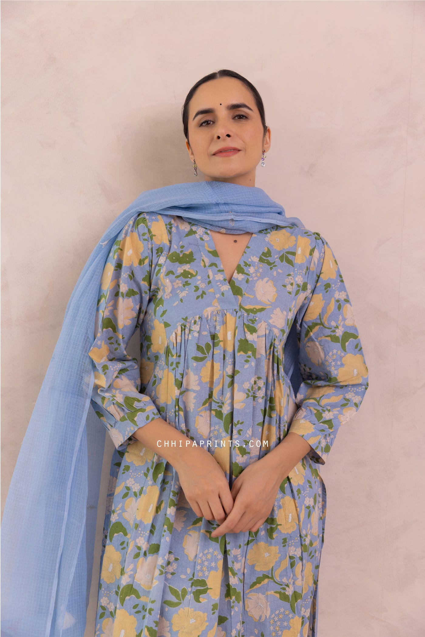 Cotton Mahin Jaal Print Kurta Set in Shades of Baby Blue & Green