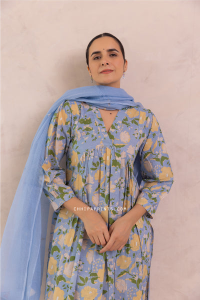 Cotton Mahin Jaal Print Kurta Set in Shades of Baby Blue & Green