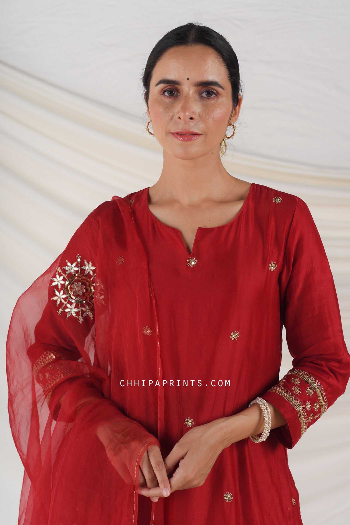 Chanderi Silk Hand Embroidery Suit Set in Goji Berry Red
