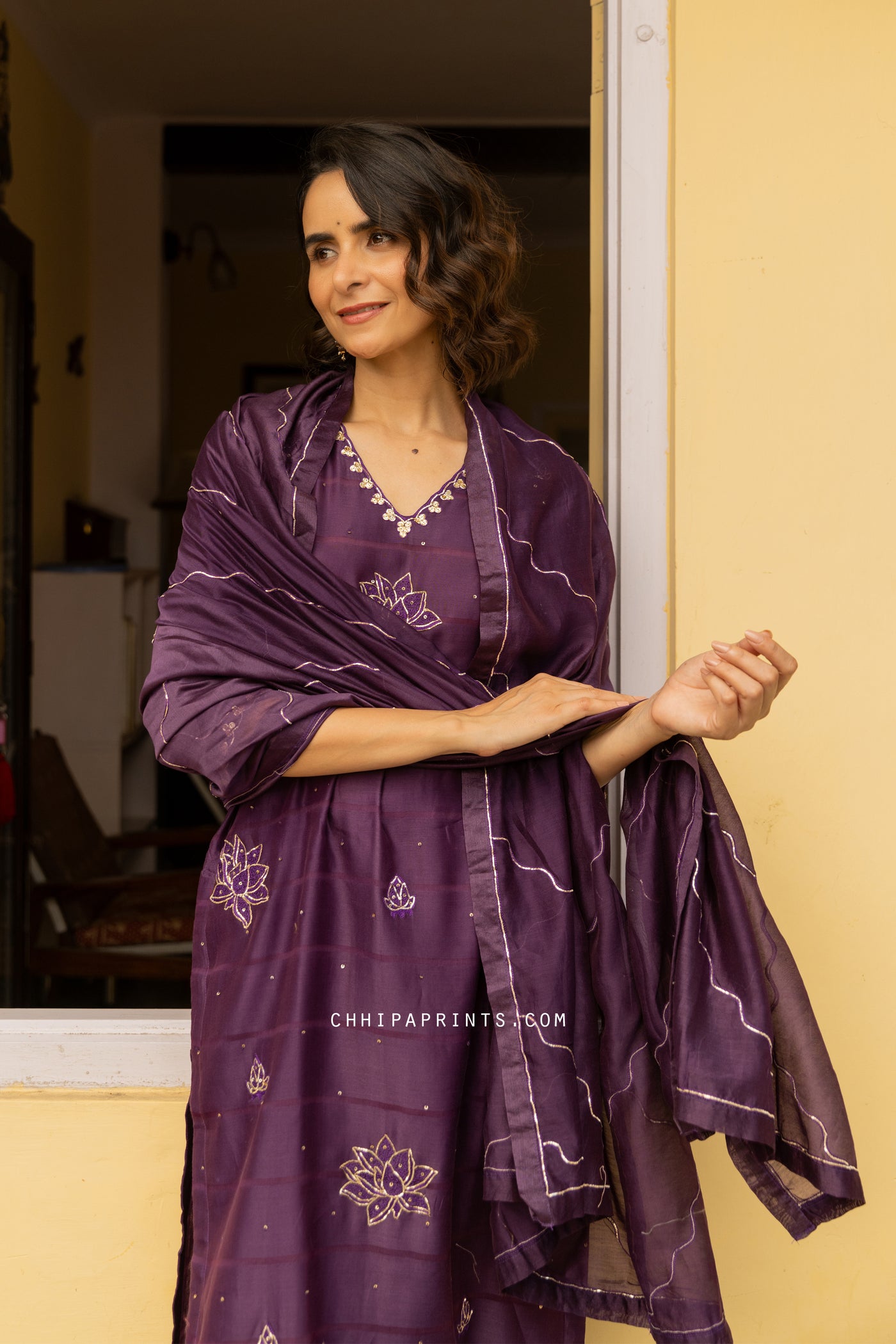 Chanderi Silk Dobby Dabka Embroidery Kurta Set in Plum Purple