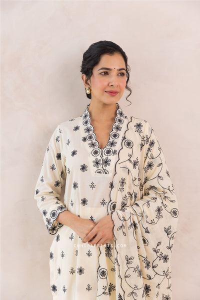 Cotton Jaal & Buti Embroidered Kurta Set in Sweet Corn & Black