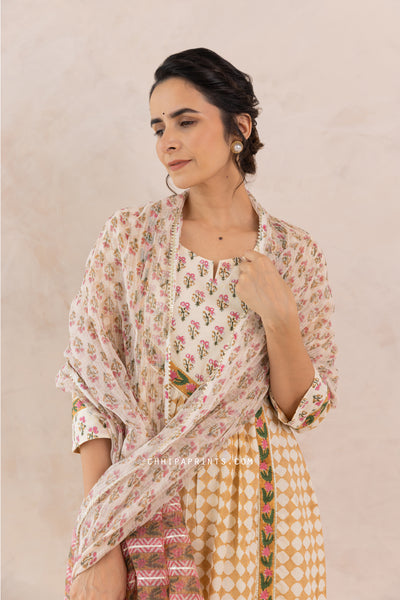 Cotton Block Print Checks Front Gather Kurta Set in Beige