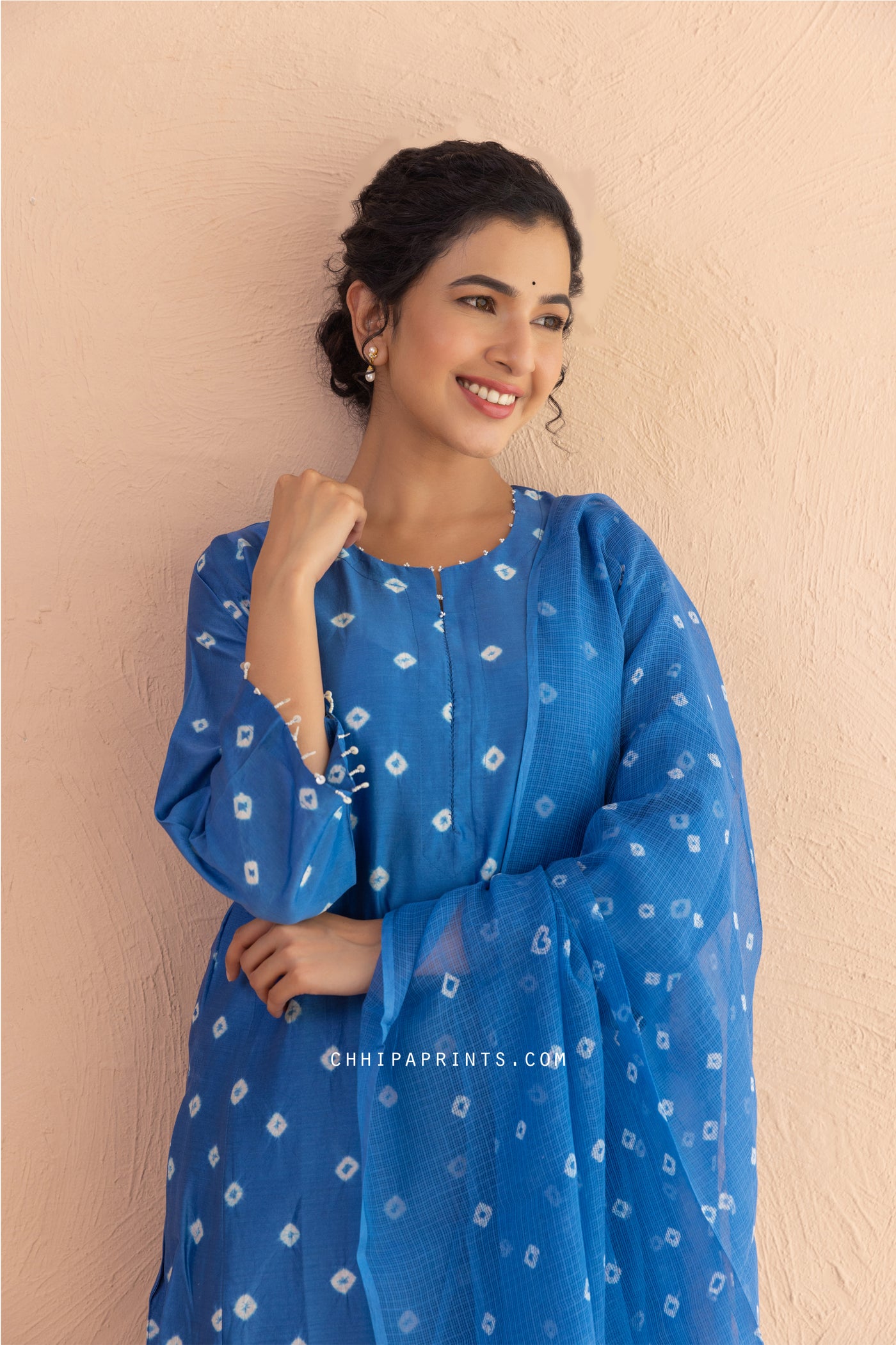 Chanderi Silk Bandhani Kurta Set in Classic Blue (Set of 4)