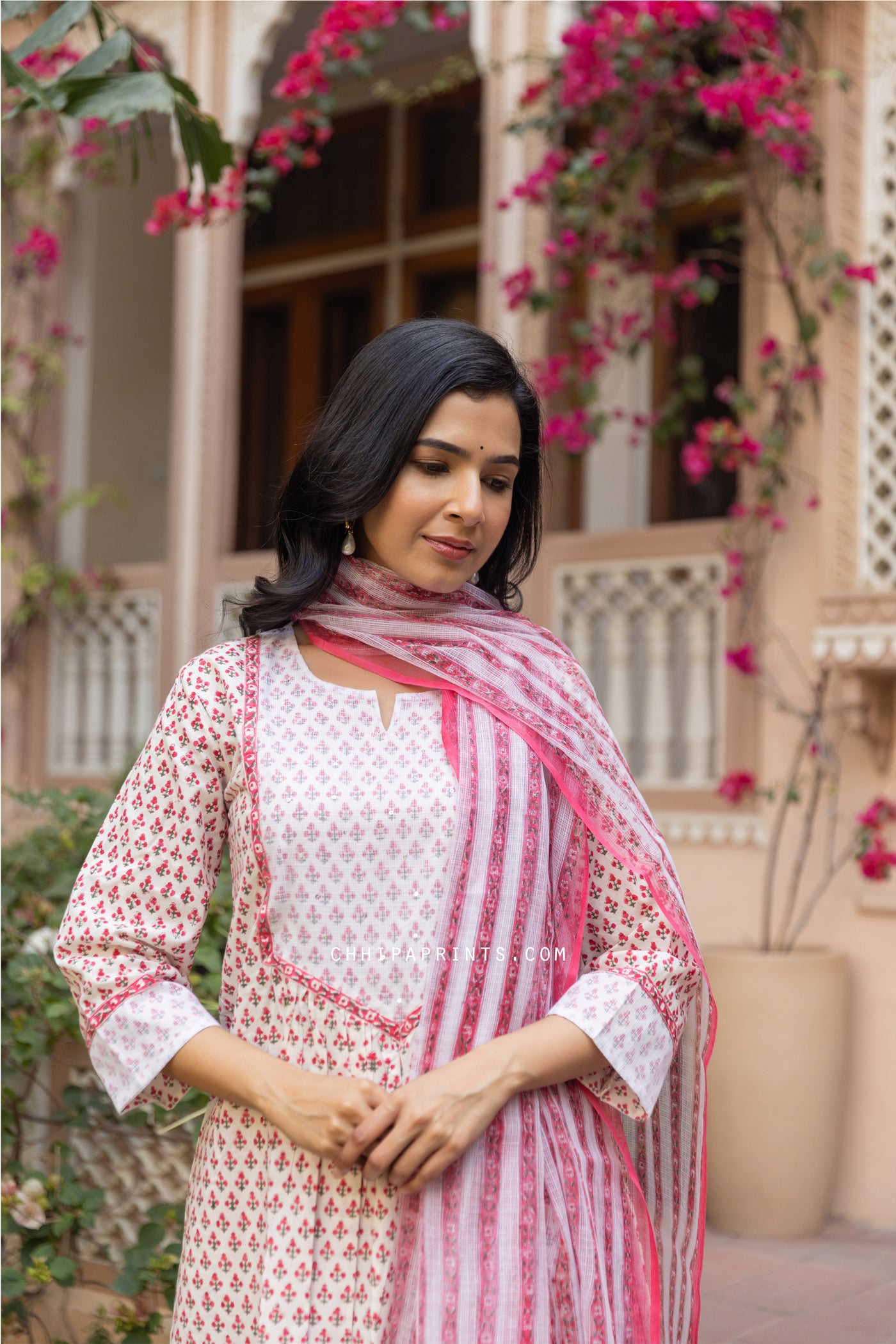 Cotton Block Print Mahin Buti Kurta Set in Shades of Pink