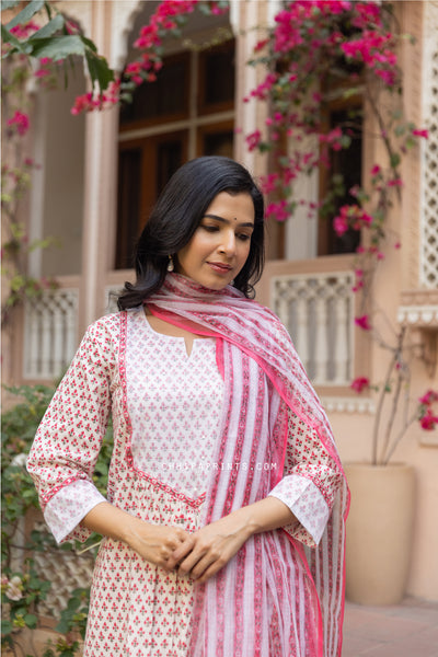 Cotton Block Print Mahin Buti Kurta Set in Shades of Pink