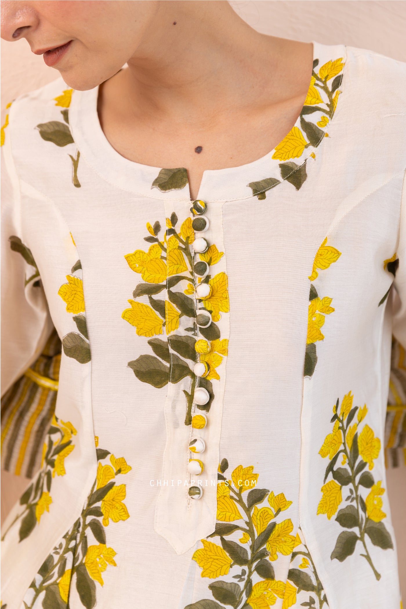 Chanderi Silk Block Print Chintz Long Kurta Set in Solar Yellow