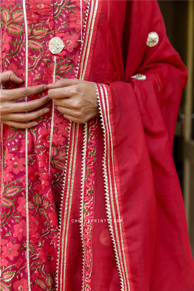 Cotton Block Print Gud Jaal Kalidar Kurta Set in Shades of Red