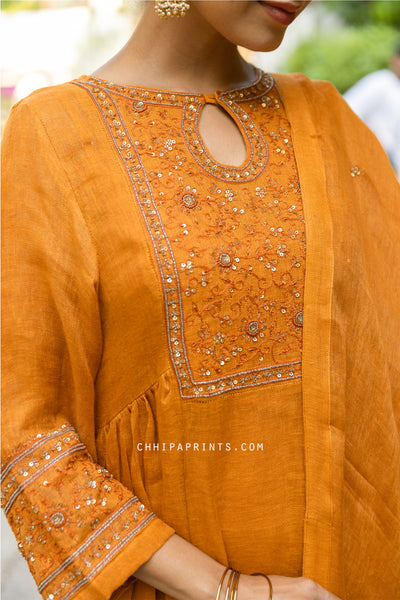 Linen Gauze Hand Embroidered A line Gather Kurta Set in Inca Gold