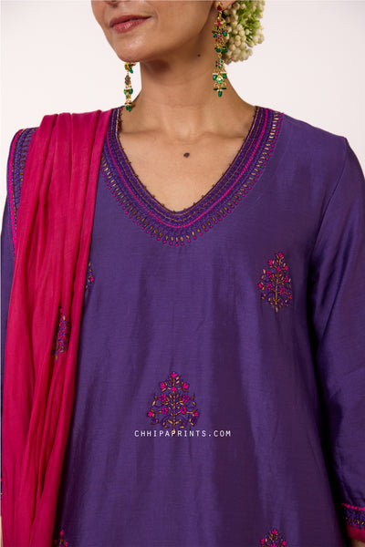 Chanderi Silk Hand Embroidery Kurta Set in Imperial Purple