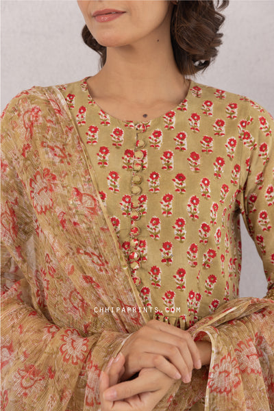 Cotton Block Print Flared Long Kurta Set in Shades of Olive Green & Red