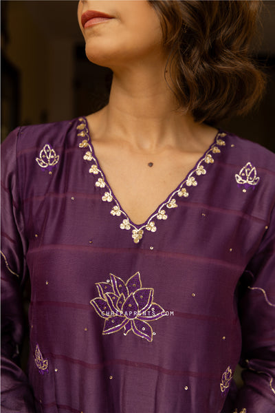 Chanderi Silk Dobby Dabka Embroidery Kurta Set in Plum Purple