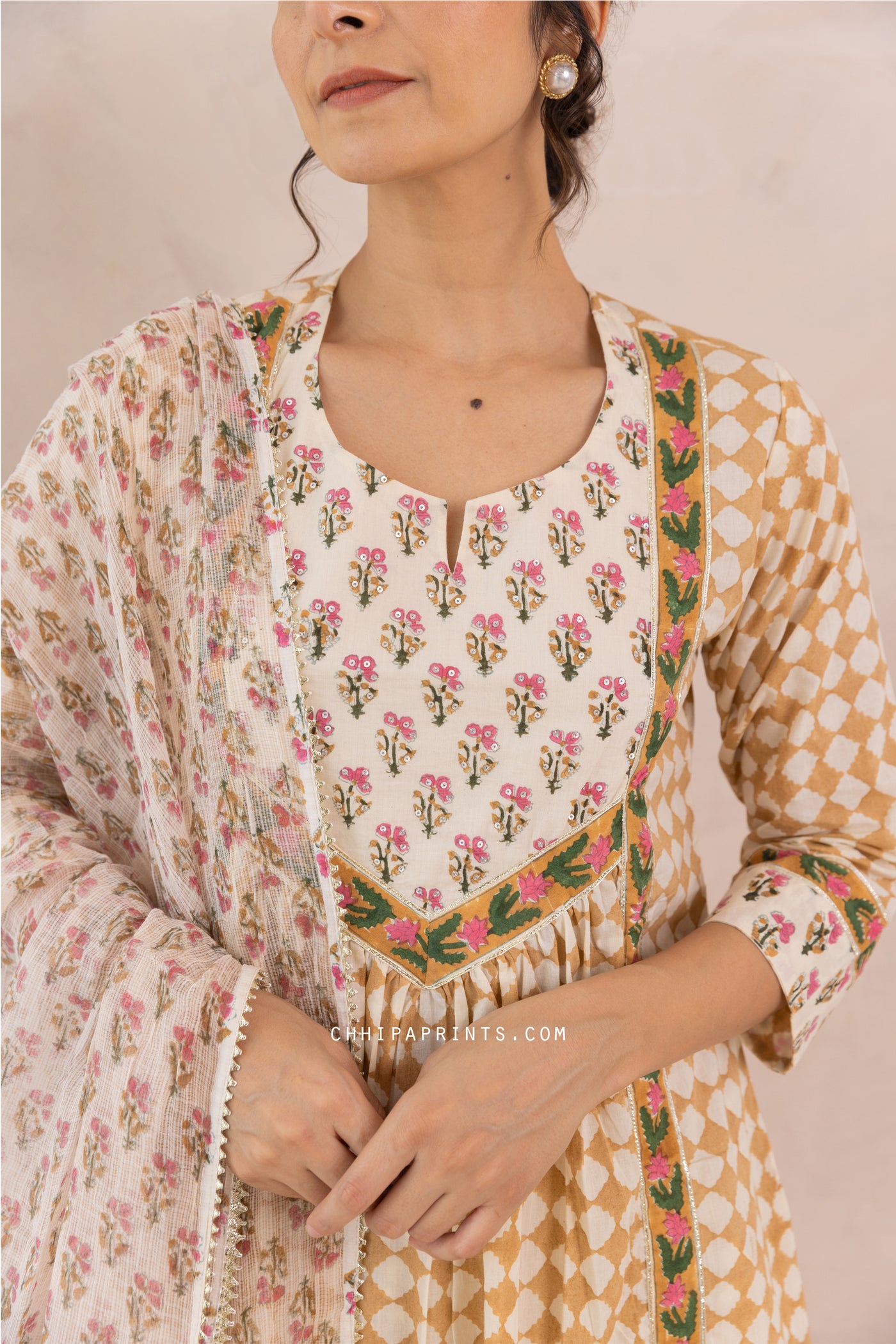 Cotton Block Print Checks Front Gather Kurta Set in Beige