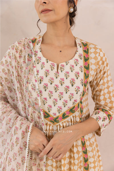 Cotton Block Print Checks Front Gather Kurta Set in Beige