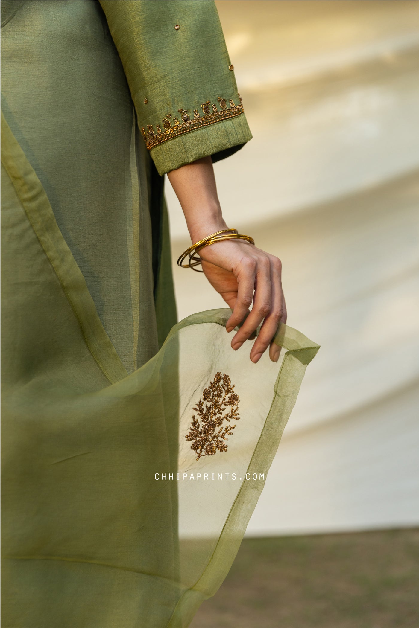 Raw Silk V Neck Antique Gold Embroidery Kurta Set in Forest Green