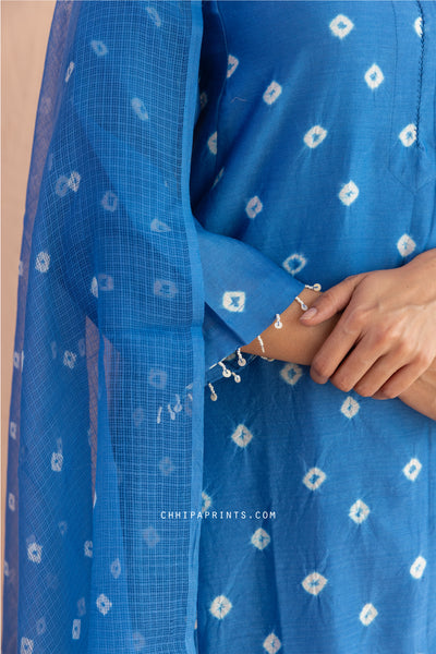 Chanderi Silk Bandhani Kurta Set in Classic Blue (Set of 4)
