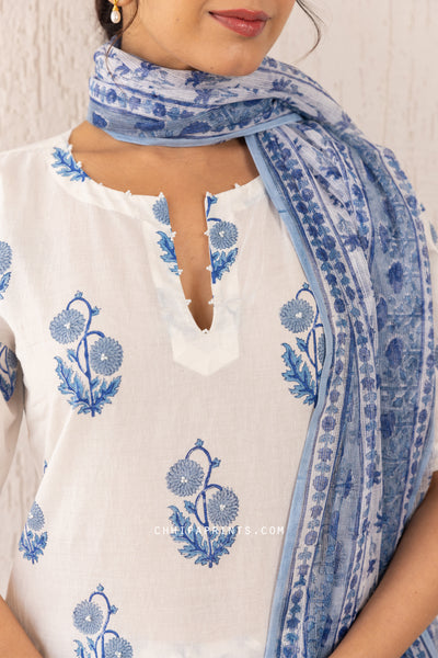 Cotton Block Print Mughal Buta Short Kurta Suit Set in Shades of Blue