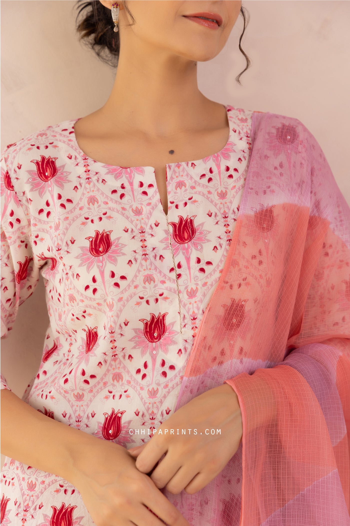 Cotton Hand Printed Lotus Buti Kurta Set in Shades of Pink & Purple