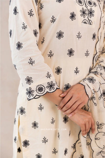 Cotton Jaal & Buti Embroidered Kurta Set in Sweet Corn & Black