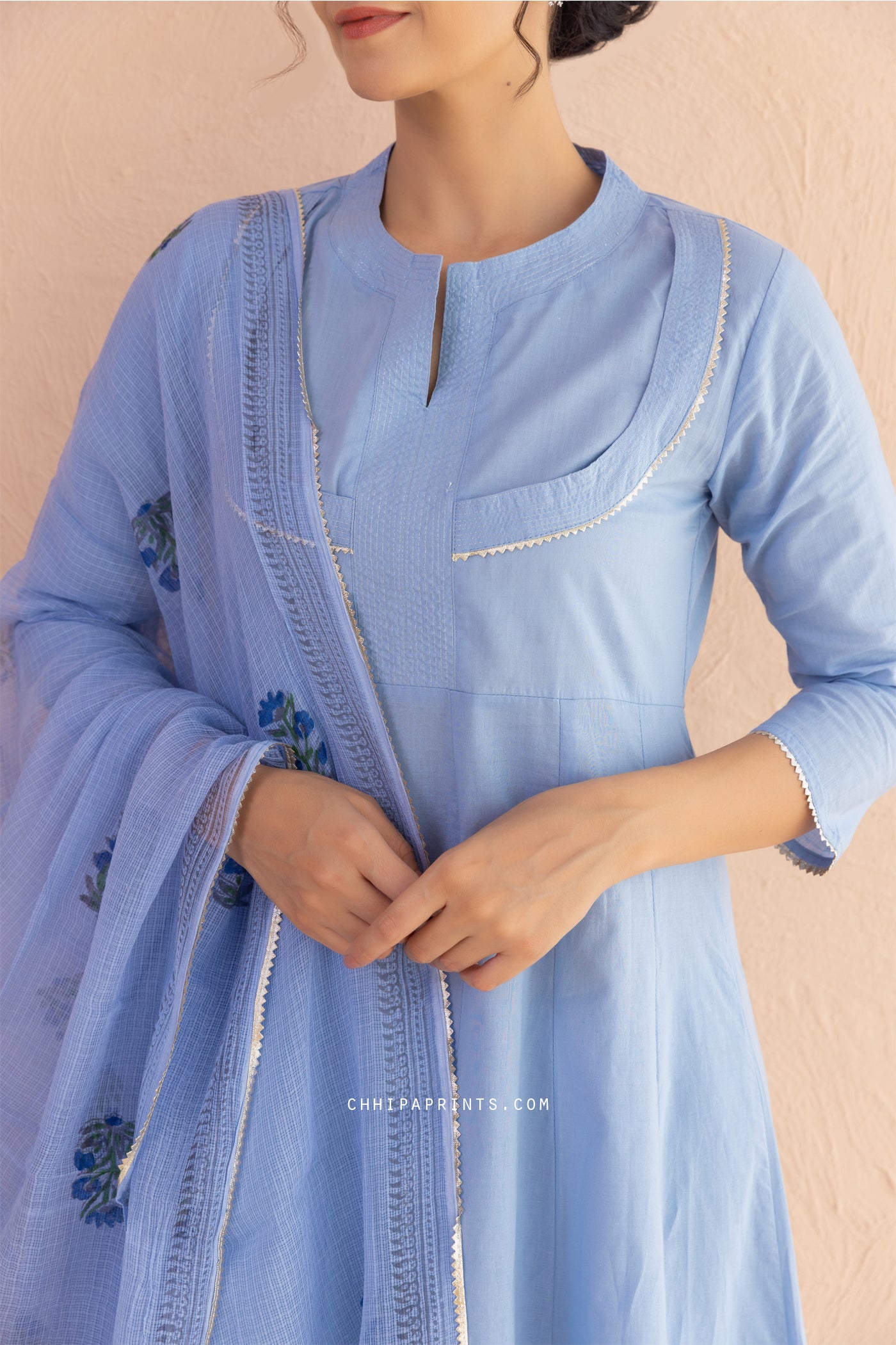 Cotton Block Print Matka Anarkali Kurta Set in Baby Blue