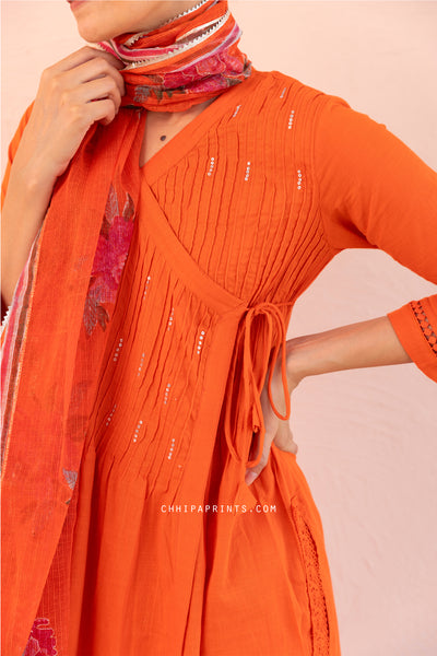 Cotton Slub Plain Dye Angrakha Kurta Set in Gold Flame