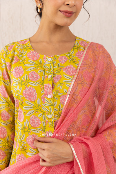 Cotton Mughal Lily Jaal Print Kurta Set in Shades of Yellow & Pink