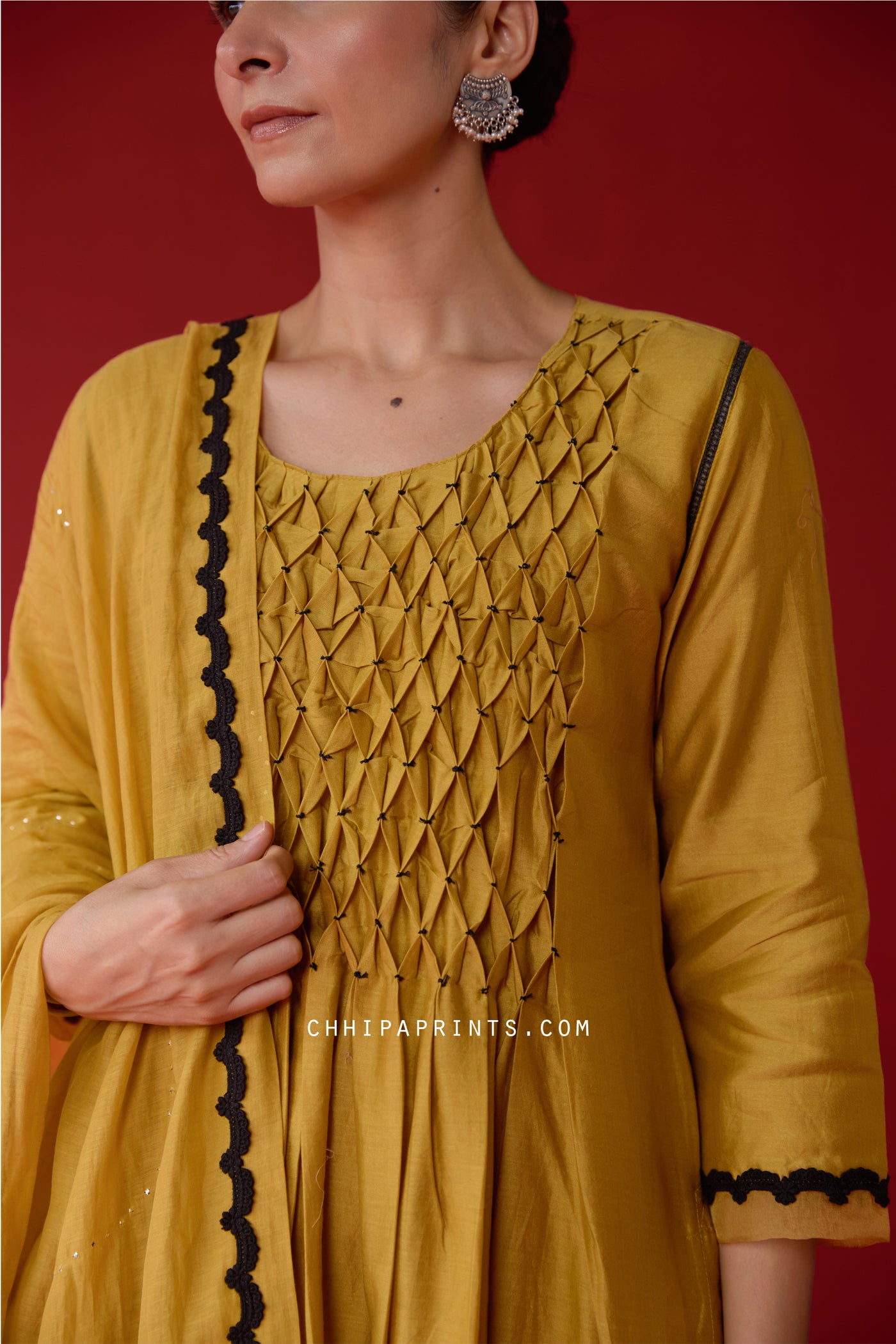 Chanderi Silk Smocking Yoke Kurta Set in Olive Oil