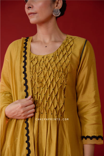 Chanderi Silk Smocking Yoke Kurta Set in Olive Oil