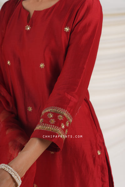 Chanderi Silk Hand Embroidery Suit Set in Goji Berry Red