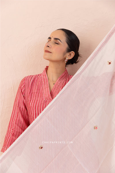 Chanderi Silk Block Print Mahin Stripes Kurta Set in Dark Red