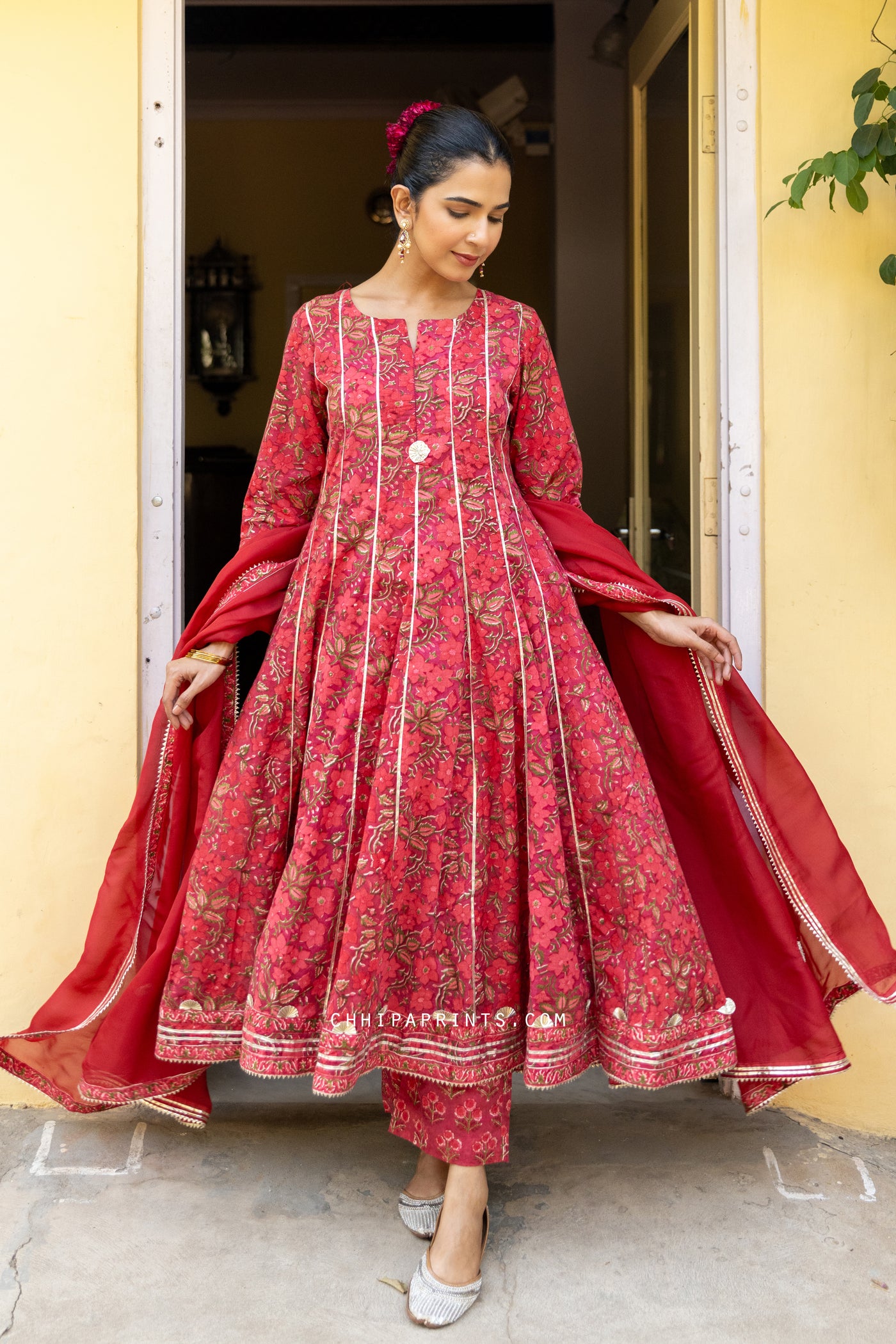 Cotton Block Print Gud Jaal Kalidar Kurta Set in Shades of Red