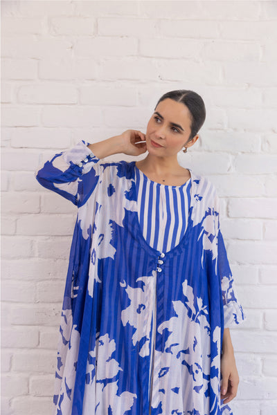 Cotton Hand Printed Free Size Shrug & Inner Dress Set in Royal Blue