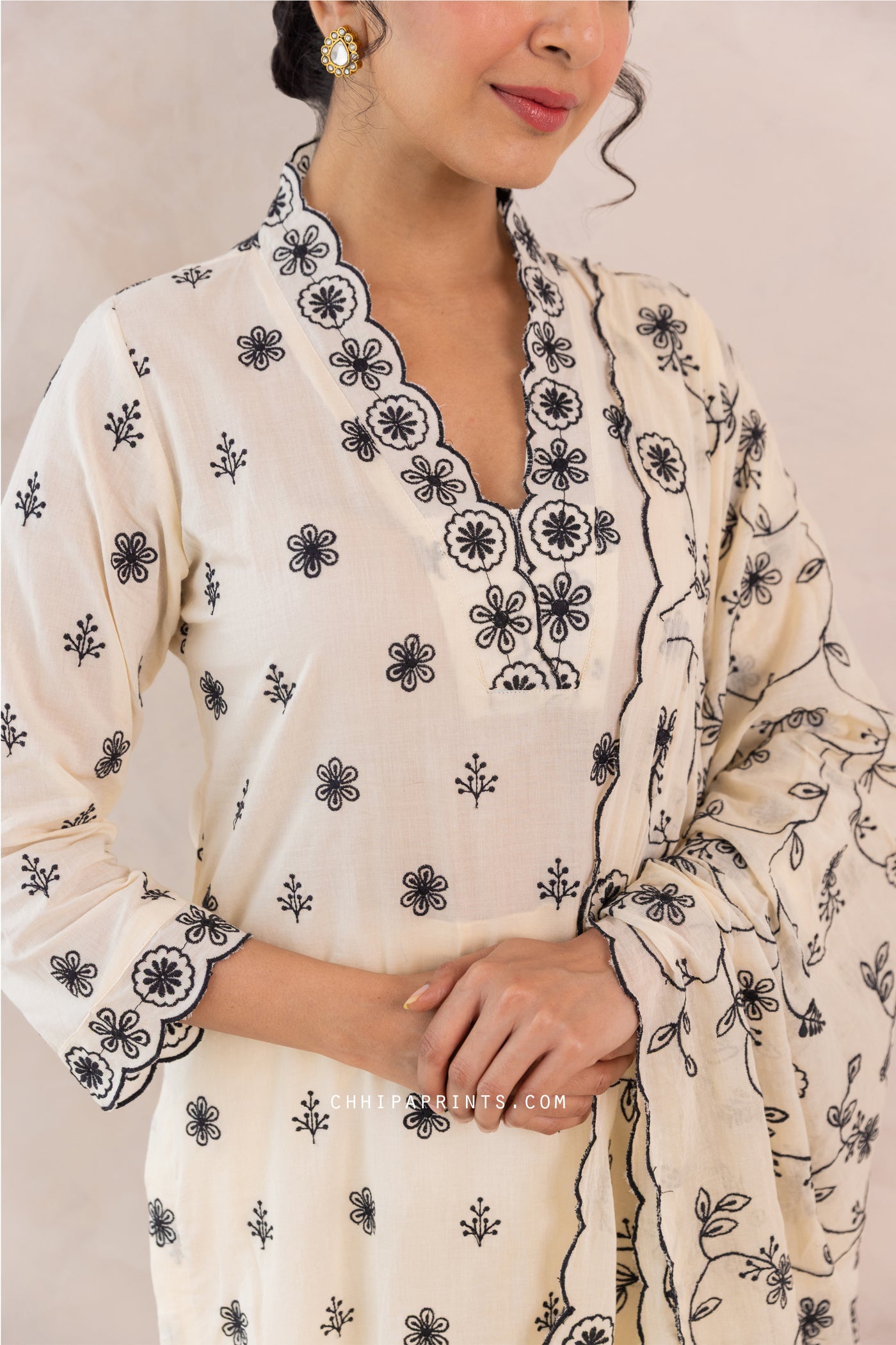 Cotton Jaal & Buti Embroidered Kurta Set in Sweet Corn & Black