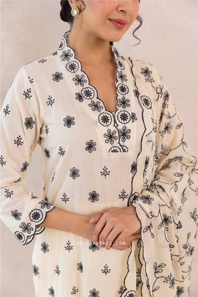 Cotton Jaal & Buti Embroidered Kurta Set in Sweet Corn & Black