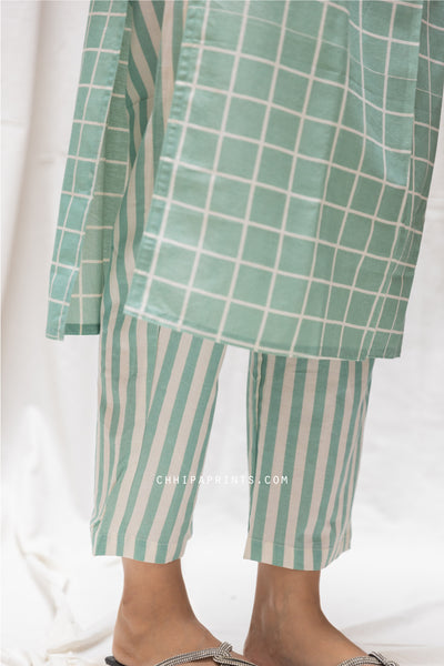 Cotton Checks Print Kurta & Stripe Pants Co Ord Set in Mint Green