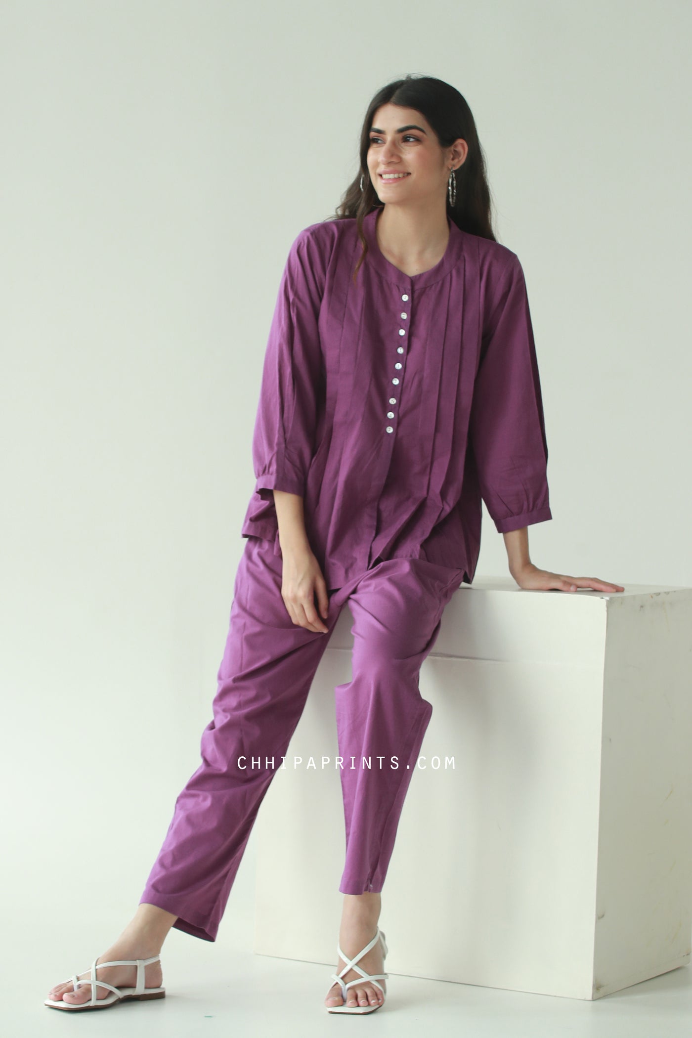 Cotton Tucks Co Ord Set in Plum Purple (Set of 2)