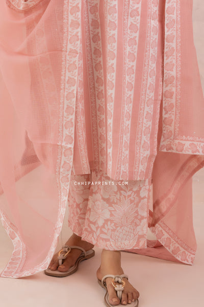 Cotton Floral Border Print Kurta Set in Cameo Pink