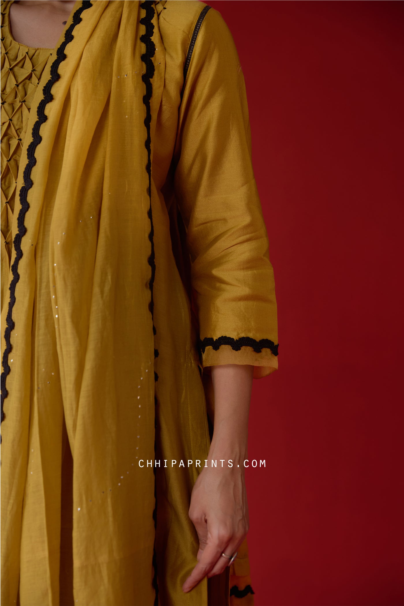 Chanderi Silk Smocking Yoke Kurta Set in Olive Oil