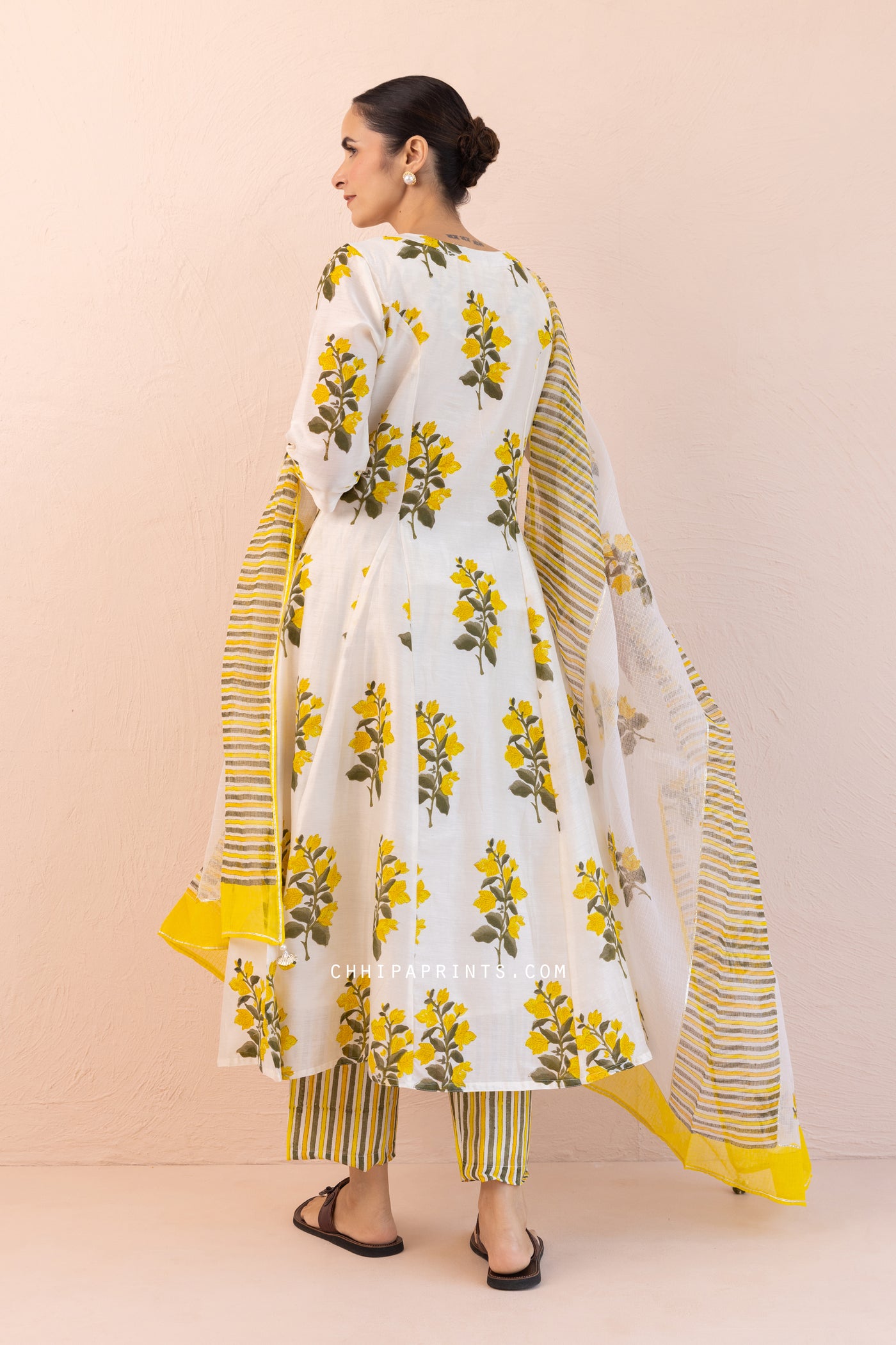 Chanderi Silk Block Print Chintz Long Kurta Set in Solar Yellow