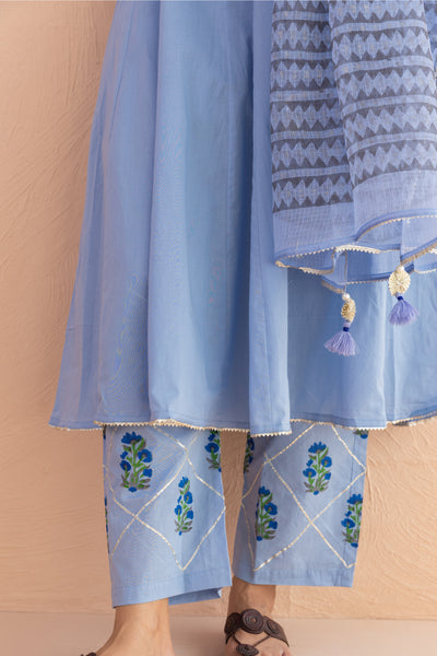 Cotton Block Print Matka Anarkali Kurta Set in Baby Blue