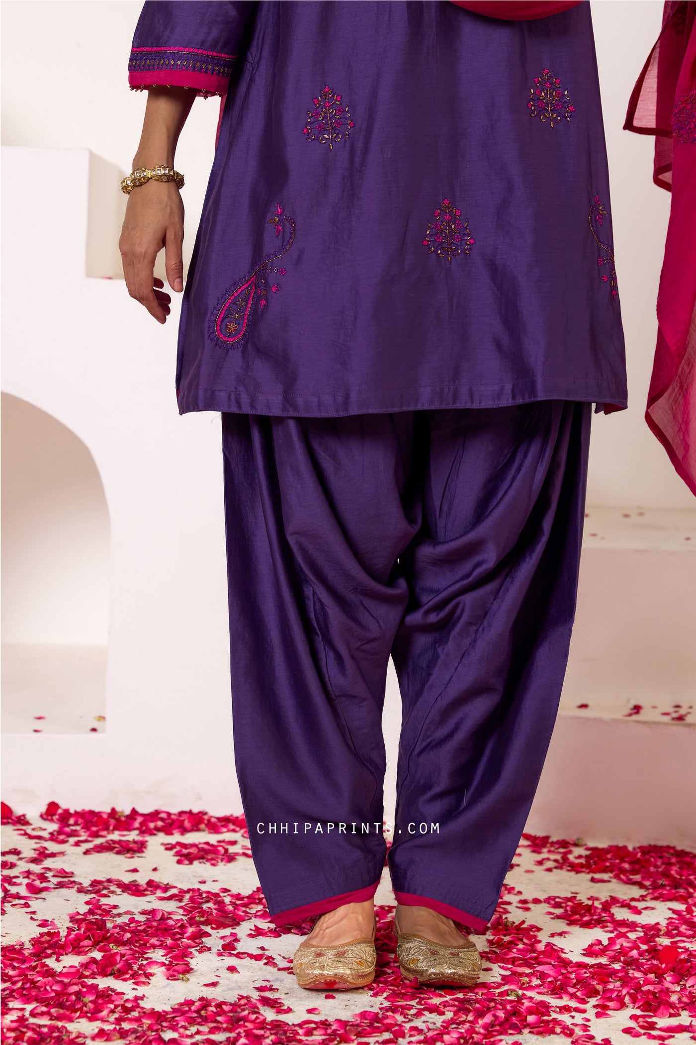 Chanderi Silk Hand Embroidery Kurta Set in Imperial Purple