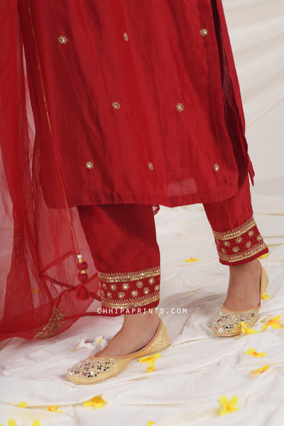 Chanderi Silk Hand Embroidery Suit Set in Goji Berry Red